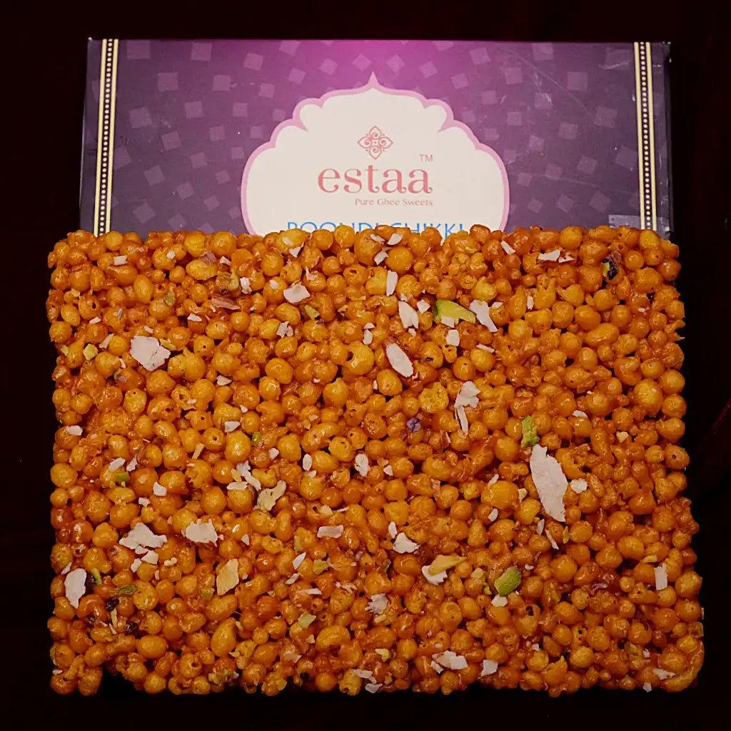 Boondi Chikki from Estaa Sweets – crunchy Indian sweet made with boondi and jaggery, a traditional treat with rich flavor and texture