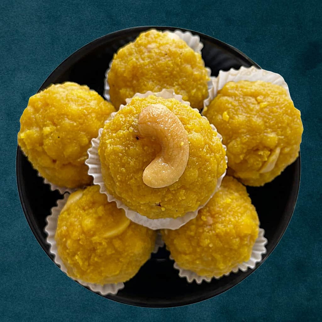 Boondi Laddu – classic Indian sweet made from tiny fried gram flour pearls soaked in sugar syrup and shaped into soft, round laddus, rich in taste and tradition from Estaa Sweets, Bangalore