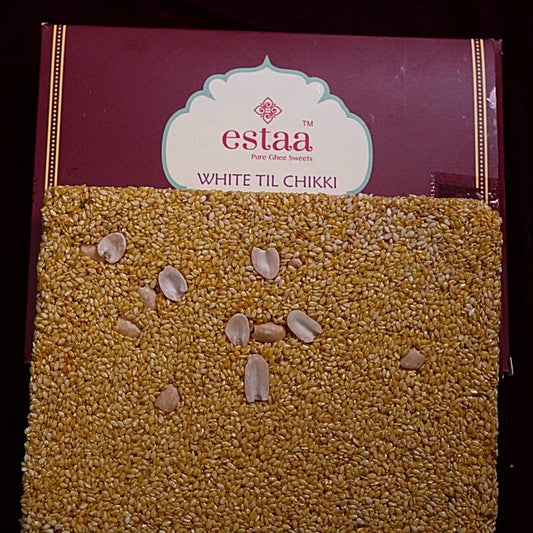Crispy White Til (Sesame) Chikki made with roasted sesame seeds and jaggery from Estaa Sweets, Bangalore