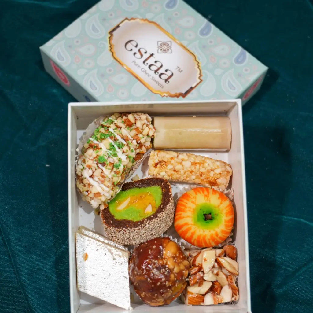 Assorted dry fruit sweets from Estaa Sweets Bangalore – premium selection of Indian sweets made with cashews, almonds, pistachios, and dates, crafted with pure ghee, ideal for gifting and celebrations