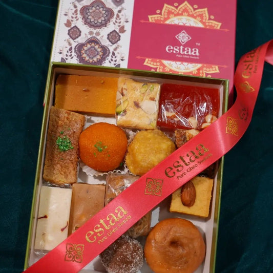 Assorted ghee sweets from Estaa Sweets Bangalore – rich and flavorful Indian sweets made with pure ghee, ideal for enjoying at home or gifting during festivals