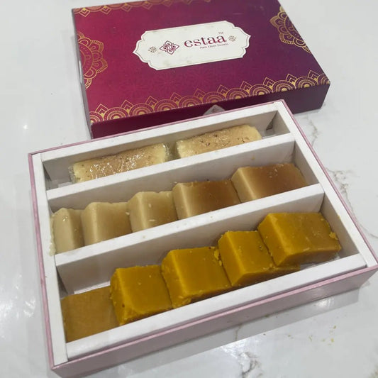 Assorted Mysore Pak sweet gift box from Estaa Sweets Bangalore, made with 100% pure ghee and premium ingredients, traditional South Indian melt-in-mouth delicacy perfect for gifting and celebrations in Bangalore.