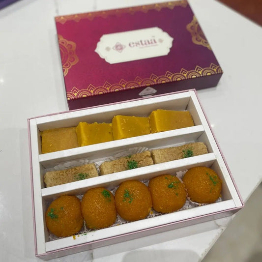 Premium Ghee Sweets Gift Box from Estaa Sweets Bangalore featuring Mysore Pak, Ajmeri Kalakand, and Motichur Laddu – traditional Indian sweets made with pure ghee, perfect for gifting and celebrations in Bangalore