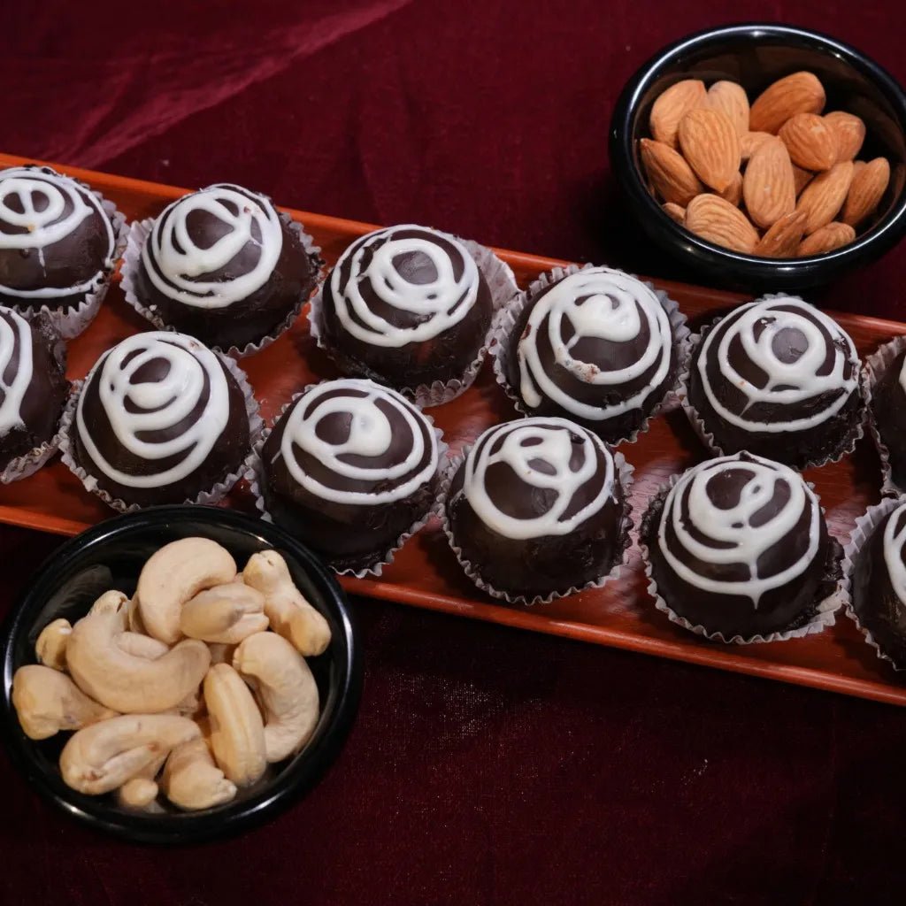 Premium Kaju Chocolate Laddu made with cashew, rich chocolate, and pure ghee – indulgent Indian sweet perfect for gifting.