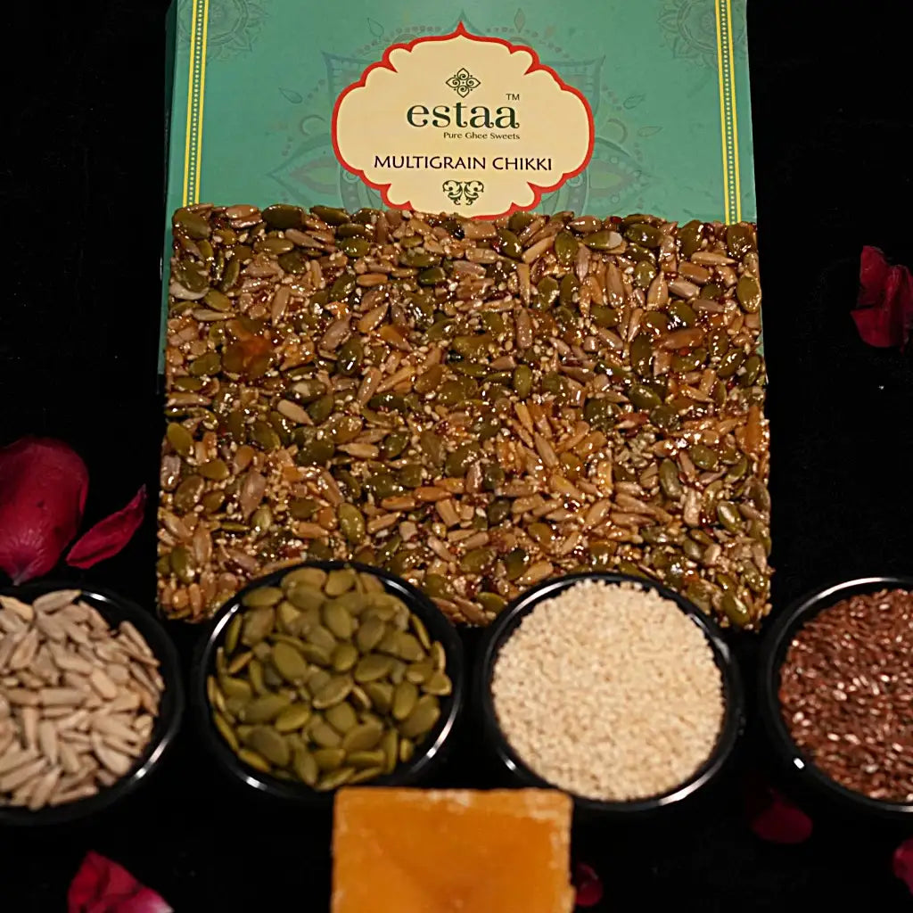 Multi Grain Chikki from Estaa Sweets – Nutritious Indian brittle made with pumpkin seeds, sunflower seeds, flax seeds, sesame seeds, and jaggery, no added sugar