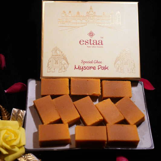 Soft and melt-in-mouth Mysore Pak made with pure ghee from Estaa Sweet s in Bangalore